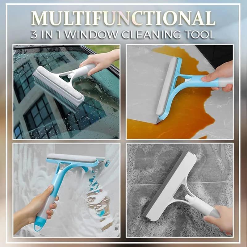3 in 1 Window Cleaning Scraper, 2025 New Squeegee for Shower Glass, 3 in 1 Spray Function for Glass Doors for Windows Glass, Mirrors Scraper, Brush. All-Purpose Window Cleaner Tool